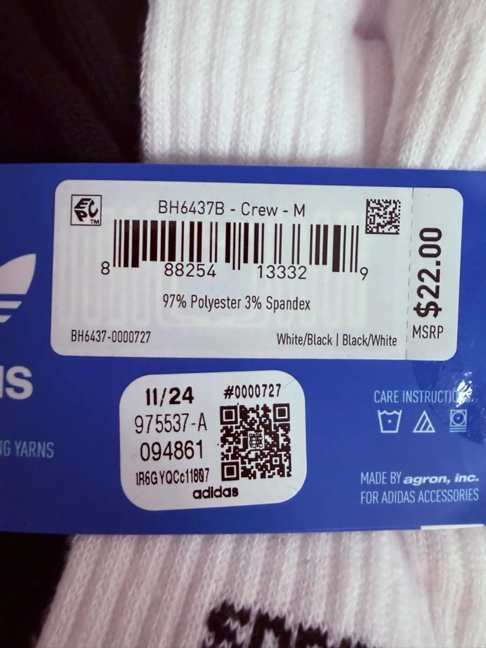 NWT Adidas 6-Pack Crew Socks — Black & White - Picture 3 of 5